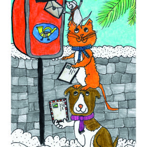 Kartka pocztowa - Rysunek: Listonosz w postaci lisa dostarcza pocztę do skrzynki w śnieżny zimowy dzień.