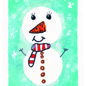 Ilustracja: Uśmiechnięty bałwan z marchewkowym nosem i czerwonym szalikiem, na tle błękitnego nieba.