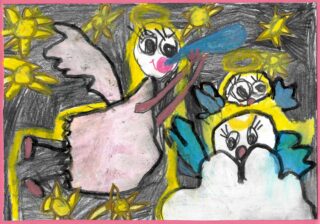 Abstrakcyjny rysunek lub malunek: Postacie w surrealistycznym, zimowym krajobrazie.