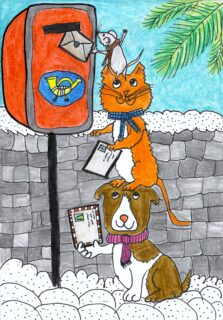 Rysunek: Listonosz w postaci rudego kota dostarcza list do skrzynki pocztowej.