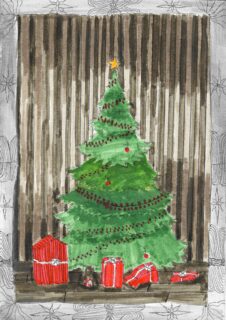 Realistyczna grafika ośnieżonej, zielonej choinki z czerwonymi prezentami ułożonymi u jej podstawy.