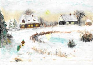 Akwarela: Zimowy wiejski krajobraz z ośnieżonymi domami i drzewami w stonowanych, szarych barwach.