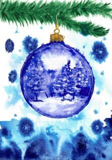 Akwarela: Niebieska, przezroczysta bombka choinkowa z namalowanym wewnątrz zimowym lasem.