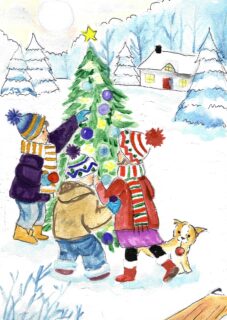 Rysunek: Dzieci ubierające dużą, ośnieżoną choinkę na zewnątrz, ze śnieżnym krajobrazem w tle.